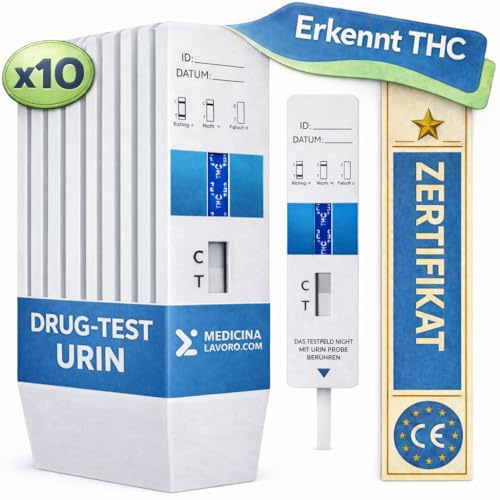 Medicinadellavoro.com - Test Drogas THC en Orina, 10 Tarjetas de Inmersión Profesionales para Test de Drogas THC, Marihuana, Cannabis y Hachís - Detección Rápida y Precisa, Nivel de Corte 50 ng/mL