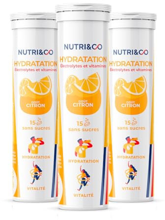 NUTRI & CO Électrolytes Hydratation - 5 Minéraux 4 Vitamines - Sans Sucre ni Édulcorant - Haute Absorption - Goût Naturel Citron - Lot de 3 tubes - 45 comprimés effervescents Vegan Fabriqué en France