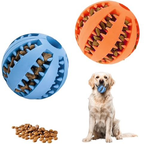 LUMOOM 2 Stück Hundespielzeug Ball, Interaktiver Leckerli-Spender, Intelligenz Ball, Robuste Hundeball Ø 7cm, Naturkautschuk Welpenspielzeug, Gummiball für Welpen (Blau+Orange)