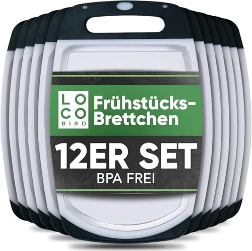 Loco Bird Juego de 12 tablas de desayuno de plástico sin BPA, 22 x 14 cm, aptas para lavavajillas, tablas de cortar con mango antideslizante, tabla de desayuno antibacteriana