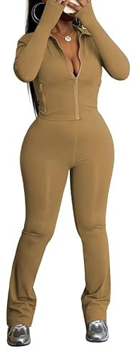 HBQ Women's 2 Piece Tracksuit Sets Long Sleeve Zip Up Crop Tops and Flare Pants Casual Workout Oufit Jogger Loungewear Set-Coffee-XL