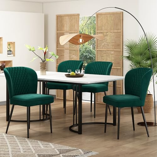 Matgrupp, (set 140 × 80 × 75 cm matbord med 4 stolar), modernt köksbordsset, mörkgrön sammet matstolar, stoppad stoldesign, stol med ryggstöd, MDF-bordsskiva i vitt, svarta bordsben