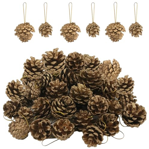 36PCS Christmas Pine Cones, Natural Hanging Snow Pinecones with string Christmas Pinecones Ornaments Hanging Xmas Tree Decor for Xmas Tree Decoration Fall Winter Craft