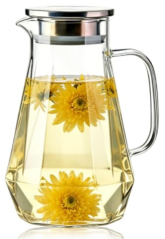 Vattenkaraff med lock 1,5l, glaskanna med handtag, glaskanna med lock av borosilikatglas, värmebeständig för varma och kalla drycker, vattenkaraffiner för iste, kaffe, mjölk, juice