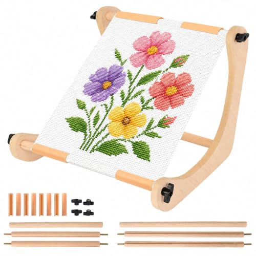 Adjustable Cross Stitch Stand, Hands-Free Embroidery Scroll Frame, Wood Embroidery Hoop Holder for Tabletop & Lap, Quilting Stitching Needlepoint Sewing Tool
