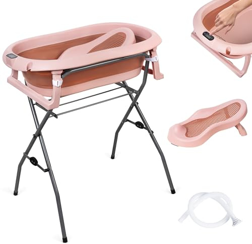 moovkee. Babybadkar med ram 80 cm – mörkrosa babybadkar vikbart med termometer, badstol och avloppssystem – babybadkar med stativ, säkert för ditt nyfödda