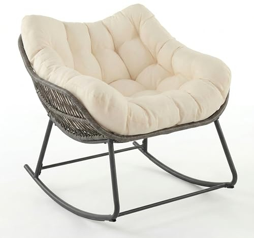 SOARS Sedia a Dondolo da Esterno e Interno, Poltrona Relax da Giardino in Rattan PE, con Cuscino Imbottito, Sedile Ampio e Antiribaltamento, per Salotto, Balcone, Terrazza, Portata 150 kg, Beige