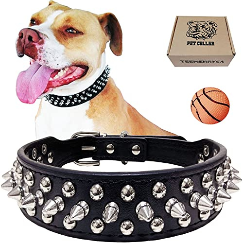 TEEMERRYCA Adjustable Microfiber Leather Spiked Studded Dog Collars with a Squeak Ball Gift for Small Medium Large Pets Like Cats/Pit Bull/Bulldog/Pugs/Husky, Black, L(15-18.5)