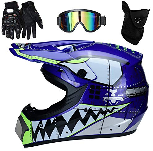 UIGJIOG Complet Casques De Croix Visage,Moto Motocross Casques, Gants Et Lunettes Dot Standard Enfants Quad Bike VTT Go Karting Casque,Bleu,M(54~55cm)