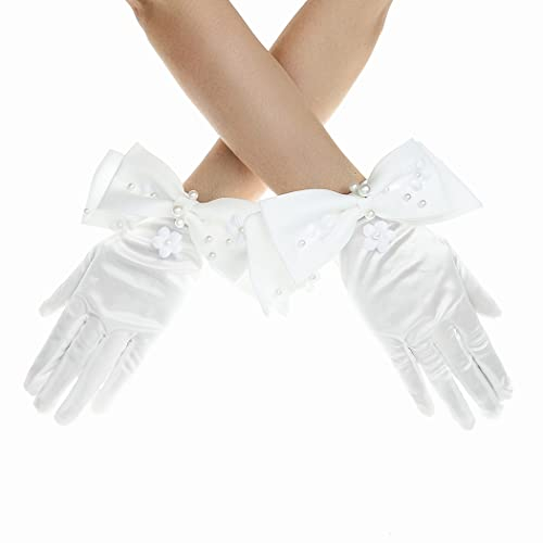 IYOU Frauen Hochzeit Handschuh Weiß Perle Satin Perle Handschuhe Kurze Schleife Brauthandschuh Zubehör für Oper Tanz Oper Tee Party Cosplay