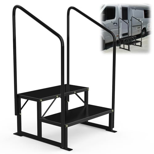 Coocure RV-steg med två ledstänger, 2 steg mobila hemtrappsteg utomhus, badkarssteg med ledstång. Bärbara trappor för resesläpvagn, husbil och veranda med halkfri tejp.