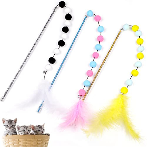 Vaktop Cat Wand, 3PCS Interactive Cat Toys for Indoor Cats Adult Kitten, Colourful Cats Feather Toys with Bell and Plush Balls on, Kitten Toy - for Playing, Exercising and Training