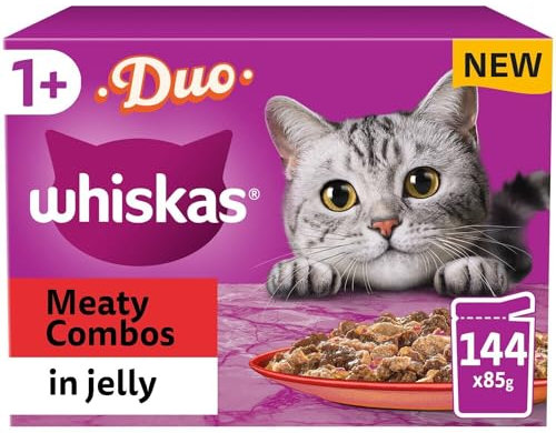 Whiskas 1+ Meaty Combos in Jelly, 144 x 85g Pouches, Complete & Balanced Adult Wet Cat Food with Chicken, Duck, Poultry & Turkey in Jelly, Bulk Pack for Daily Nutrition and Hydration