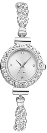 JewelryWe Uhren Damen Glitzer Strass: Analog Quarz Armbanduhr Frauen Bling Ultradünne Kleine Lässige Uhr Damenuhr mit Silber Schmal Metall-Armband und Weiß Rundem Zifferblatt