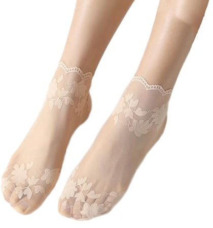 Yolhloy 10 paia di calzini da donna in pizzo calzini corti antiscivolo in cotone suola in nylon calzini sottili trasparenti calzini estivi alla caviglia calzini per donne ragazze, 10 x beige, 34-40