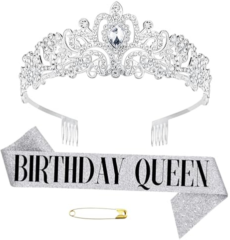 Geburtstagskrone Schärpe, Birthday Queen Tiara, Geschenke Geburtstag Schärpe für Frauen, Geburtstag Mädchen Schärpe & Strass Tiara Sets für Mädchen Frauen Geburtstag Dekoration (Silber)