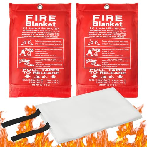 UOCAI Lot de 2 Couverture Anti Feu, Couverture Anti-Feu pour La Maison et La Cuisine, Couverture Survie Couverture D'Incendie de Secours de Fibre de Verre, Reutilisable Fire Blanket 1m*1m