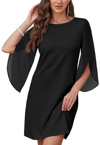 AOWVUTS Women Elegant Cocktail Dresses A Line Chiffon Shift Dresses 3/4 Sleeve Crew Neck Midi Ocassion Dress Flutter Sleeve Formal Trendy Party Wedding Guest Evening Dress Black