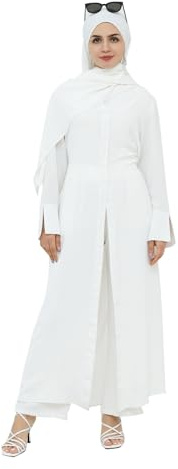 Jazvano Kn?pfen, set da due pezzi, in tinta unita, abito da preghiera musulmano, abito da preghiera Dubai, abbigliamento tradizionale islamico, set da 2 cardigan, bianco, M-L
