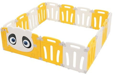 Joyz Parque Infantil 160×160 cm Corralito para Bebés Plegable de Plástico Blanco/Amarillo con Diseño Panda Gimnasio de Actividades Interior/Exterior Barrera con Puerta y Reloj de Aprendizaje
