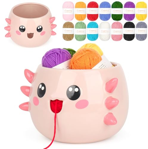 Coopay Axolotl Yarn Bowl for Crocheting/Knitting, Cute Bowl with 14 Pcs Yarn, Large Size Crochet Organizer for Beginners