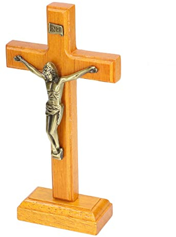 shenruifa Krucifix av trä, handgjord, stående, katolskt Jesus-väggkors, religiös bönedekoration, med bas