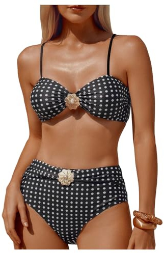 RoseSeek Women's 2 Piece Bikini Sets Polka Dots Pearl Front Bathing Suits Cheeky Swimsuit Women Beachwear Black Large