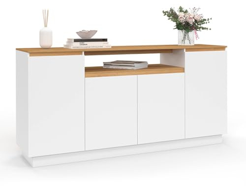 IDMarket - Buffet 160 cm Serena 4 Portes avec Niche Centrale Blanc et Plateau Effet Bois
