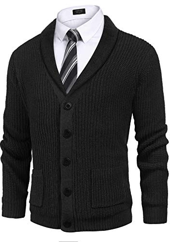 COOFANDY Men's Shawl Collar Cardigans Classic Fit Ribbed Knit Button Front Sweater with Pockets Black