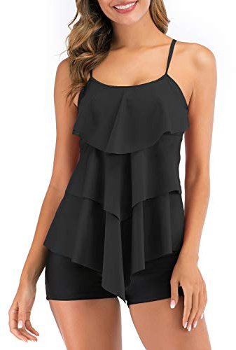 FLYILY Maillot de Bain 2 Pièces Femme Tankini Ensembles à Volants Maillot Haut Imprimé avec Short de Garçon(Black,XXL)