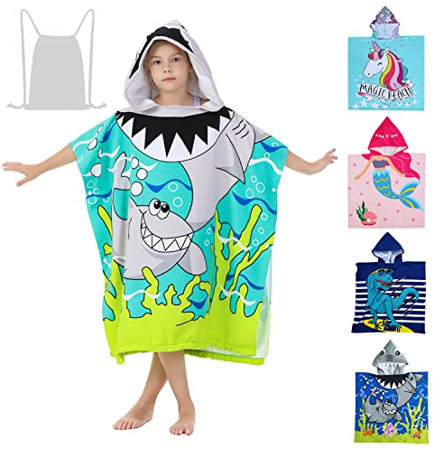 Athaelay Shark Theme Cover-ups for Big Kids Hooded Bath Poncho Towels with Hood Children Beach Wearable Cover ups