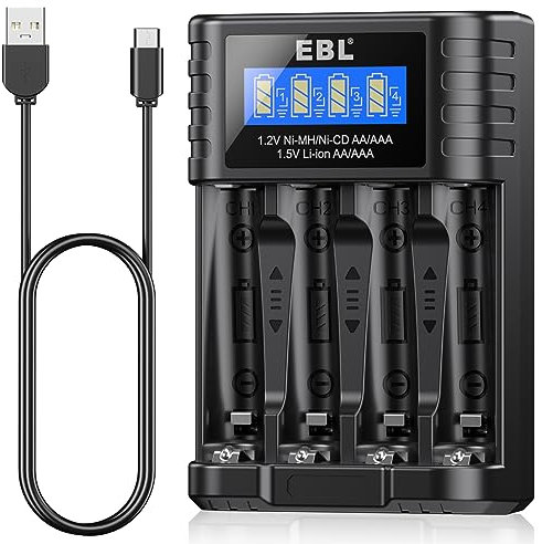 EBL (Última generación) LCD Rápida Cargador de Pilas para 1.5V Litio AA AAA & 1.2V AA AAA, 0V Activación, Protección Múltiple & Carga Independiente