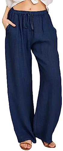 WINKEEY Pantalones Casual Mujer Cordón Cintura Alta Pierna Ancha Suelta Pantalones Palazzo de Lino de Algodón con Bolsill