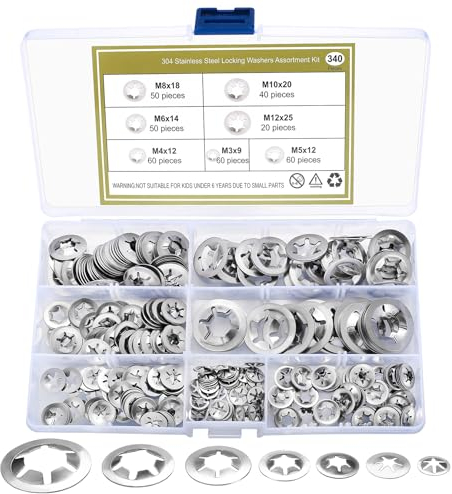 Lot de 340 rondelles de sécurité, rondelles à verrouillage rapide à dents intérieures, kit assortiment de circlips - M3/M4/M5/M6/M8/M10/M12, couleur argent