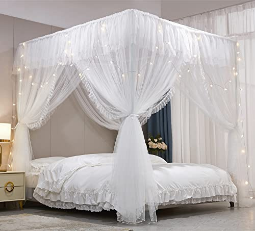 HUOQOU Baldaquin Princesse avec Volants Ciel de Lit Rectangulaire à 4 Ouvertures Moustiquaire Double Couche pour Chambre de Fille Décoration Romantique Doux et Respirant(Blanc,1,8W x 2l x 2,1H(m))