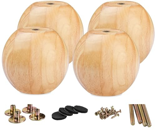 La Vane 12cm Holz Kugel Möbelfüße, 4 Stück Minimalist Modern Massivholz Kugelfüße Schrankfüße DIY Ersatz Möbelbeine mit M8 Montageplatten für Sofa Schrank Bett Nachttisch Couchtisch Kabinett