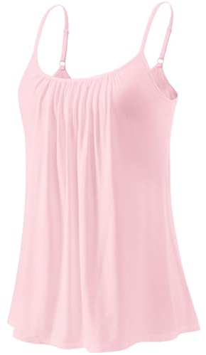 Knuffnee Women's Camisole with Built Bra Flowy Loose Fit Cami Pleated Adjustable Strap Vest Tops Pink L