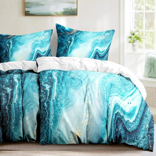 HOMHOMHA Bettwäsche 135x200 4teilig Anthrazit - Marmor Bettwäsche Blau Grün 2 Bettbezüge 135x200 cm + 2 Kissenbezüge 80X80 cm Bettwäsche-Sets Polyester Mikrofaser mit Reißverschluss