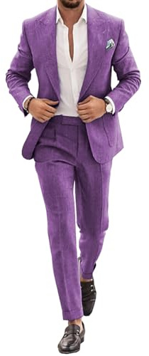 Completo da uomo in lino, stile casual, 2 pezzi, vestibilità regolare, blazer con un bottone, giacca e pantaloni per ballo di fine anno e festa di nozze, Viola, 60