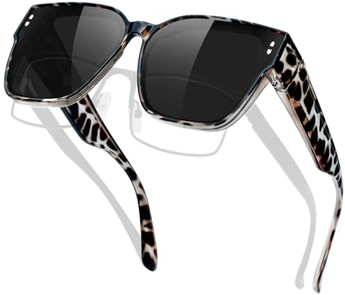 KANASTAL Leopardati Sovraocchiali da Sole Tartarugati Neri Donna Uomo Polarizzati UV400 Occhiali Maculati Quadrati TR90 Grandi Leopard Sunglasses over Glasses -Lenti Neri Montatura Leopardo
