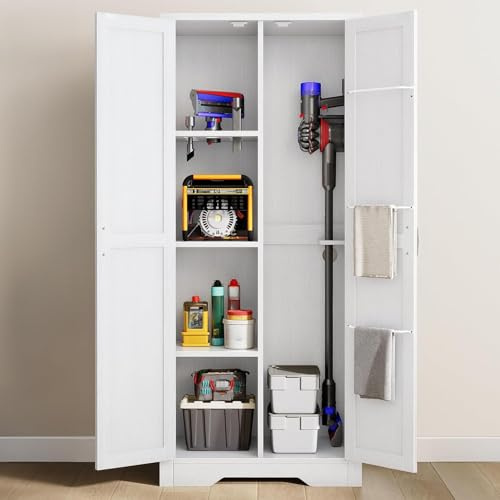 DWVO Wooden Storage Cabinet, Vacuum Cleaner Storage Compatible with Dyson Models, Utility Stand for Brooms and Mops, Cleaning Tool Cabinet with Doors for Garage, Office, Home