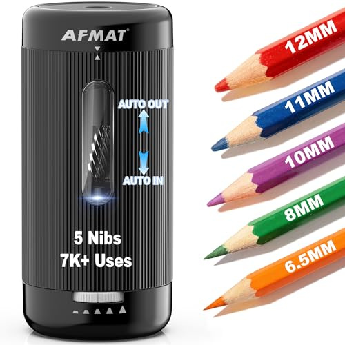 AFMAT Electric Pencil Sharpener, Auto in & Out, 5 Nibs, 7K+ Uses, Fully Automatic Pencil Sharpener for Classroom, Rechargeable Hands-Free Sharpeners for Jumbo/Colored Pencils (φ6.5-12mm) PSC3(Black)