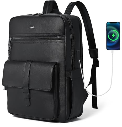 Shrrie 16 inch Vegan Leather Laptop Backpack with USB Charger | Smart Computer Backpack For Men and Women,Back Pocket Convert Luggage Sleeve,20L Large Capacity,Business Work Office College