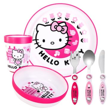 Hello Kitty Kids 6 Piece Reusable Dinner Set - Cup, Bowl, Plate & Cutlery | Lightweight & Kid-Friendly Dinnerware Set Includes Knife, Fork & Spoon, Plastic Tableware Set | Easy to Hold Design