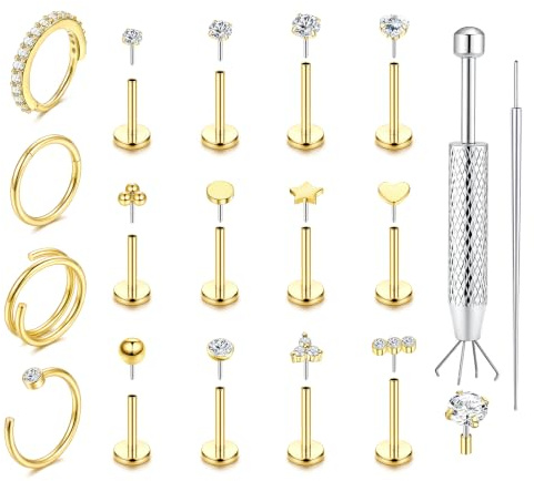 Milacolato Lot Piercing Tragus Helix Boucles d'Oreilles Femme Acier Inoxydable Piercing Nez Argent Sans Filetage Creoles Petits Bijoux Or 14K Hypoallergéniques 16/18/20G-A-18GG