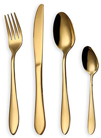 HOMQUEN Juego de Cubiertos, Juego de Cubiertos de Oro, Servicio de Juego de Acero Inoxidable para 6 Personas, 24 Piezas de Cubiertos de Comedor