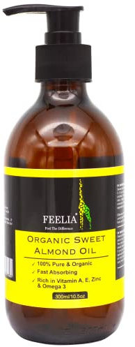 Feelia - Organic Sweet Almond Oil - Cold Pressed, Rich in Vitamins A, E, Zinc & Omega 3, Fast Absorbing, 100% Pure & Organic (300ml)