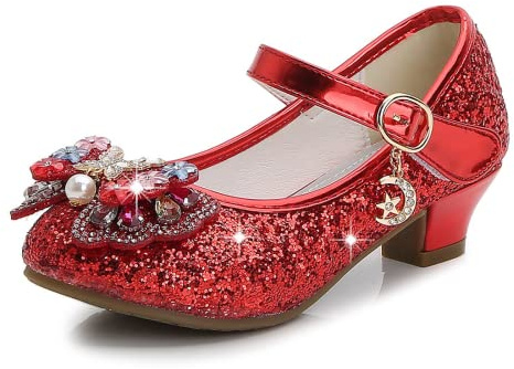 Höga klackar för flickor Glitter paljetter Barnbåge Princess Low-Top Student Performance Shoes (Röd,EU34,Big Kid)