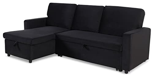 Menzzo Canapé d’Angle Convertible BALEARES 5 Places en Velours Noir – Réversible avec Lit Intégré et Coffre – Couchage 99 x 186 cm – L215 x P129 x H86 cm