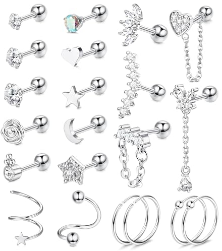 JeweBella 16G Helix Cartilage Earrings Surgical Steel for Women Tragus Piercing Earrings Hypoallergenic Zirconia Stud Earrings Set Helix Piercing Hoop Earrings Conch Piercing Jewellery